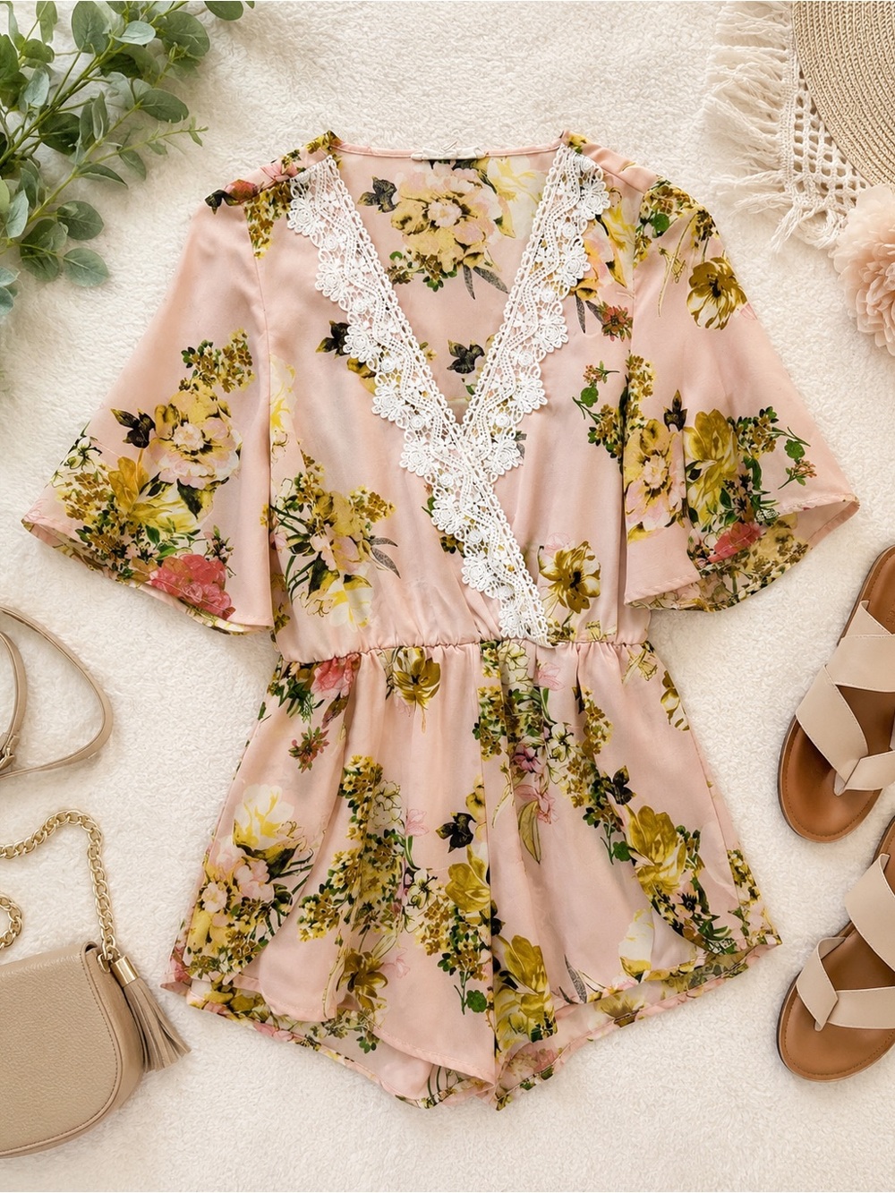 Love Tree Pink Floral V-Neck Romper with Lace Trim